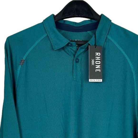 NEW Rhone Delta Pique Long Sleeve Polo Mens S Wicking Performance Tech Polo Teal - Picture 1 of 8